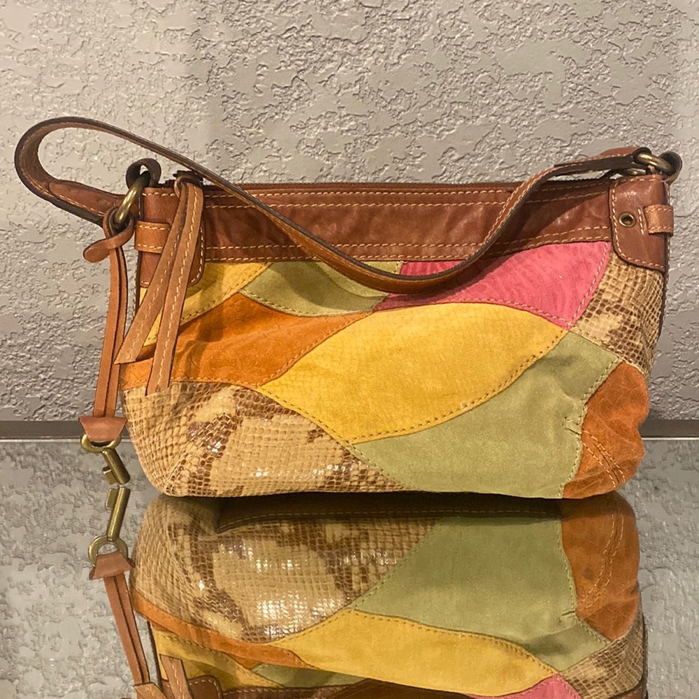 FOSSIL Patchwork Snake Print Pink Tan Animal Print Leather & Suede Shoulder Bag